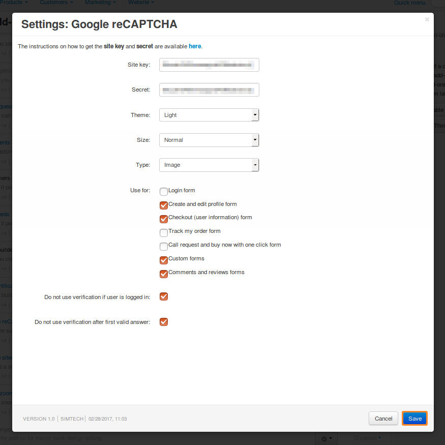 The settings of the Google reCAPTCHA add-on.