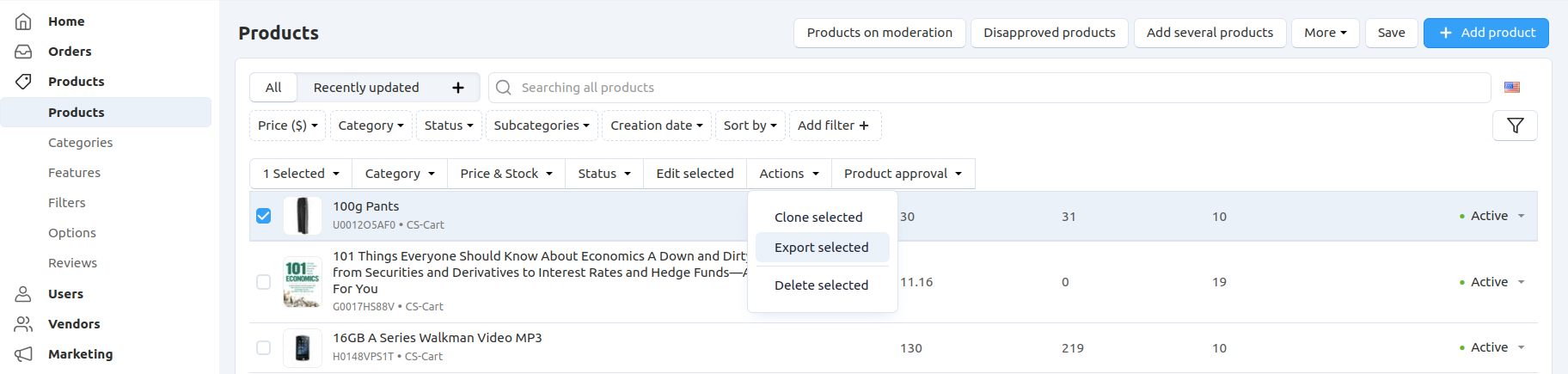 CS-Cart allows you to export all products or specific groups of products.