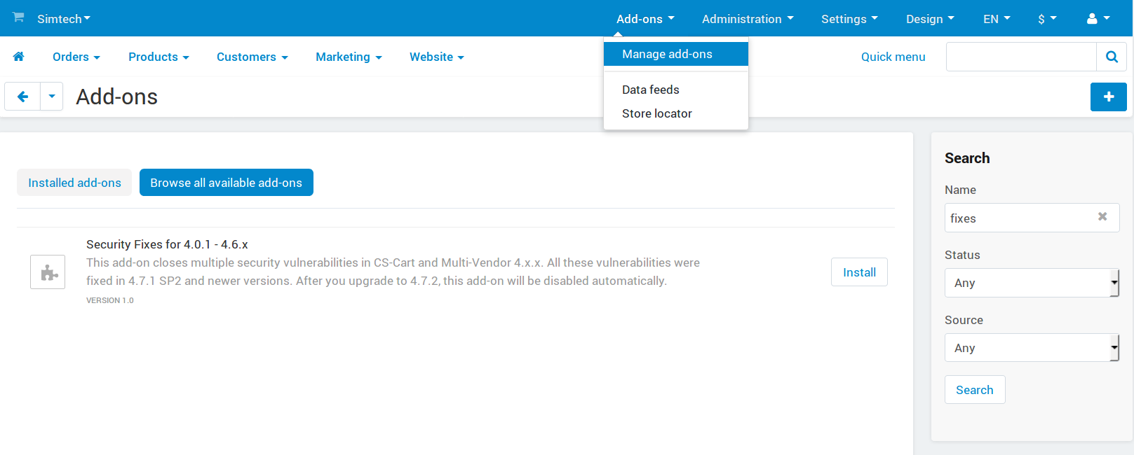 Installing an add-on in the admin panel of CS-Cart.