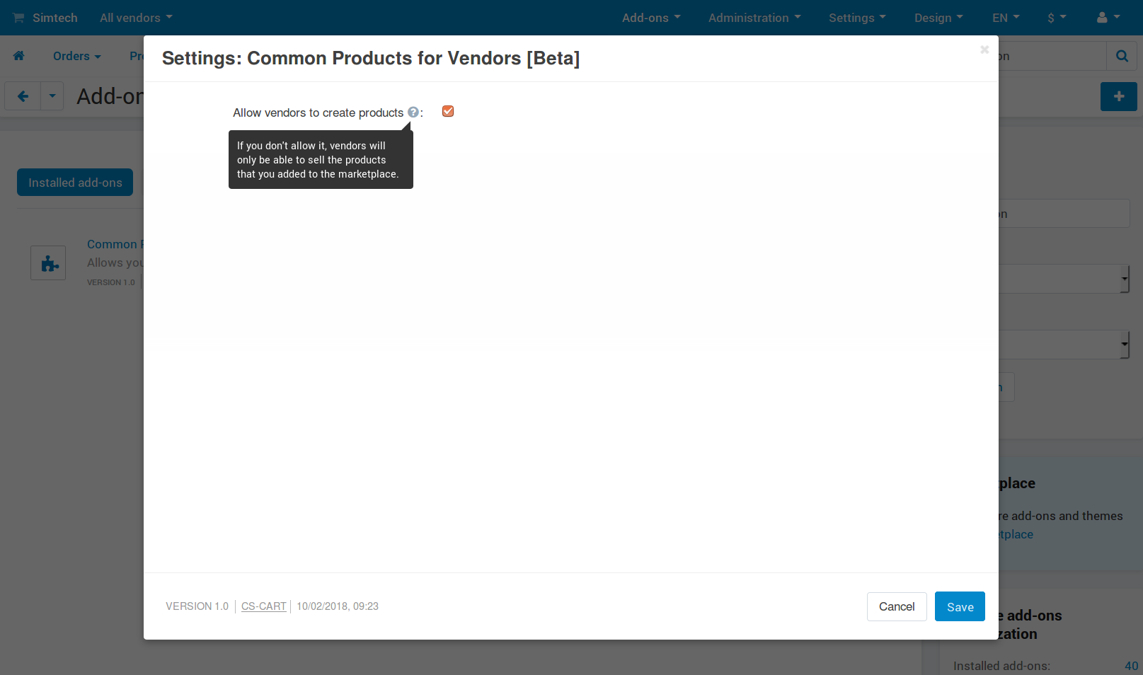 The settings of the "Common Products for Vendors" add-on.
