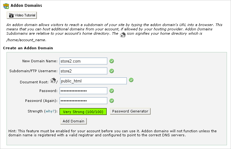 Fill in the form to create a new addon domain.