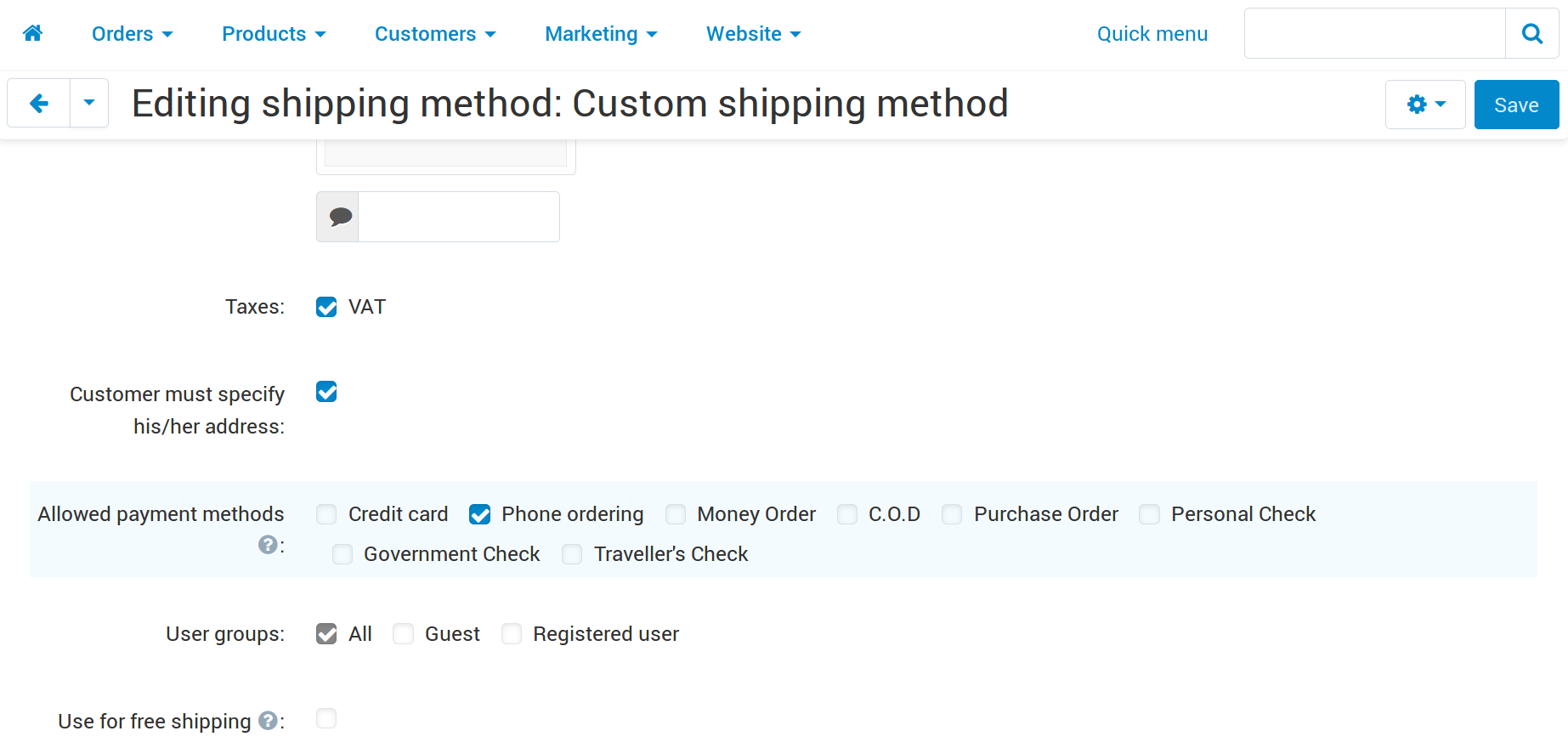 Select the payment methods you want to make available for the shipping method.