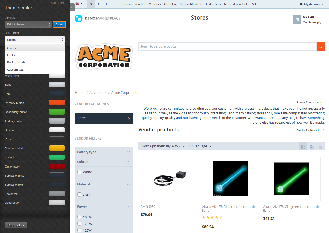 The theme editor allows vendors to customize their products, pages, and microstore.