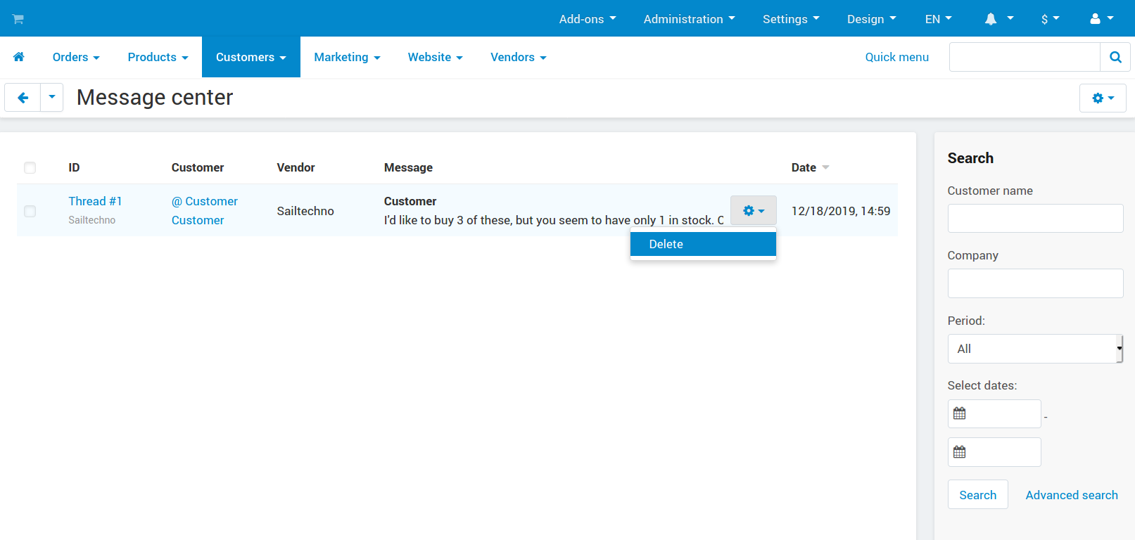 Message center in the admin panel.