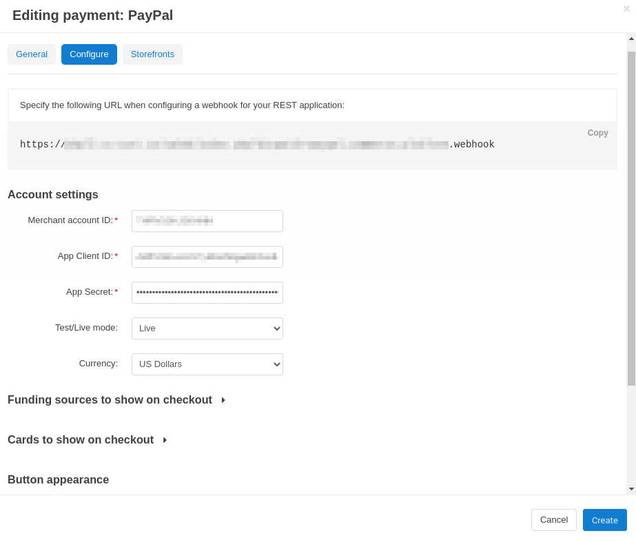 Configure tab in the settings of the paypal commerce platform add-on