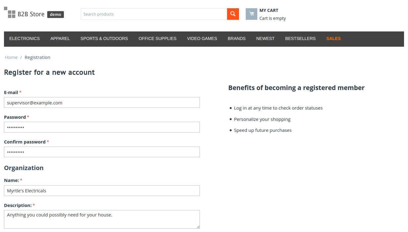 A B2B storefront shows fields specific for an organization on the registration page.