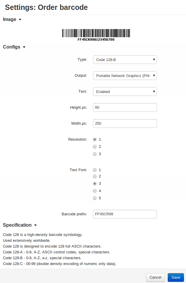 Order barcode add-on settings