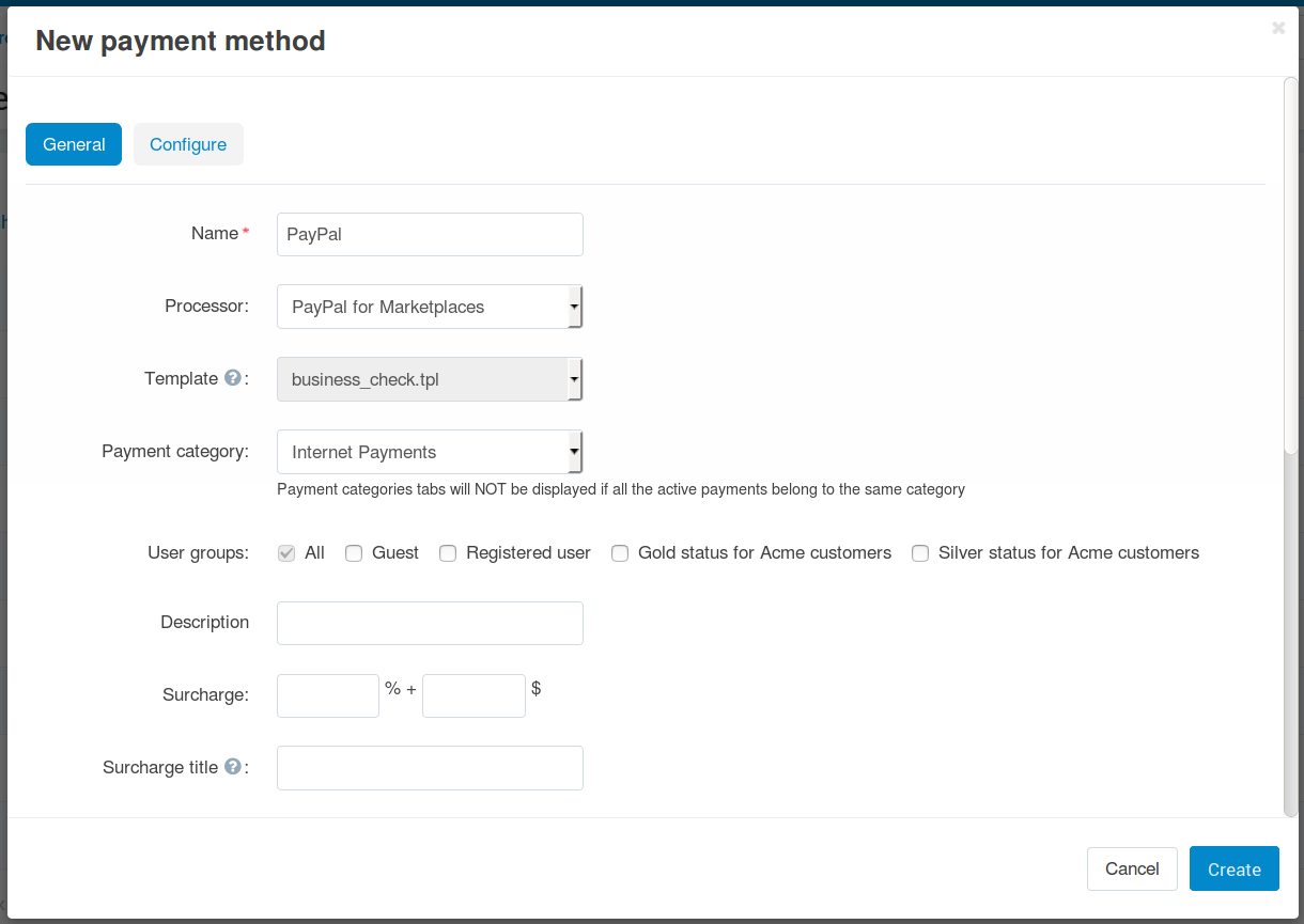 The general settings of a PayPal for Marketplaces payment method.