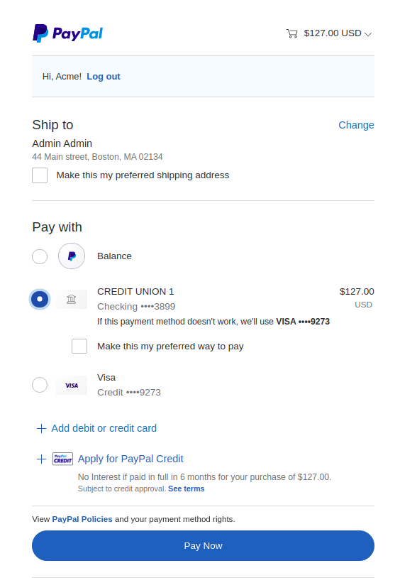 Paypal page with payment options