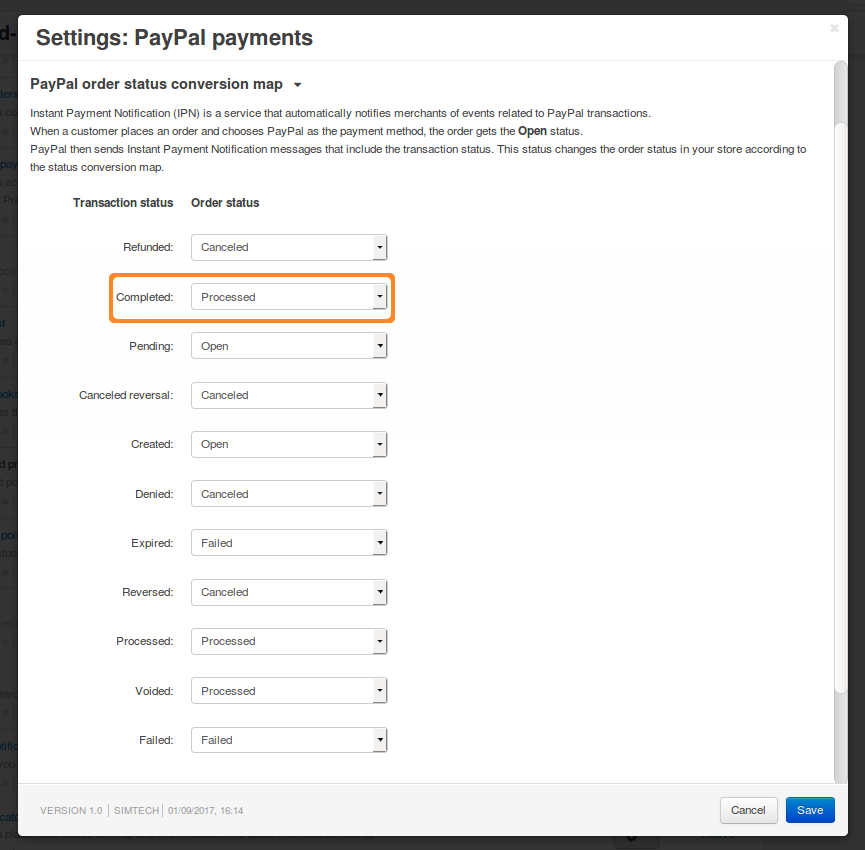 Order status conversion map of the PayPal Payments add-on