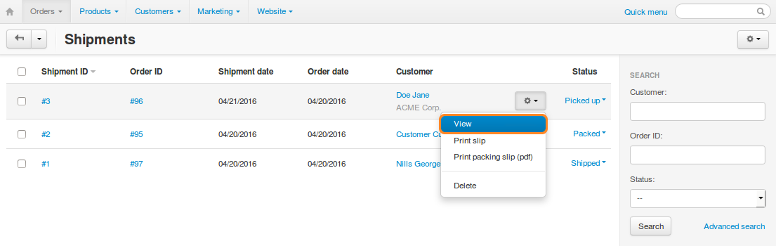 You can view all the existing shipments under Orders → Shipments.