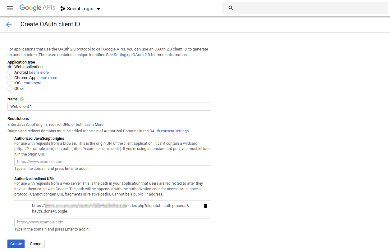 Creating Google API credentials for signing into a CS-Cart store via Gmail.