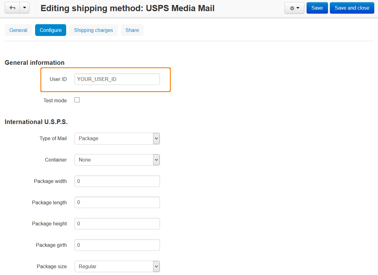 Configuring the USPS shipping method.