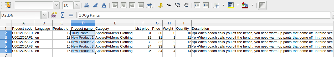 New products in the CSV file.