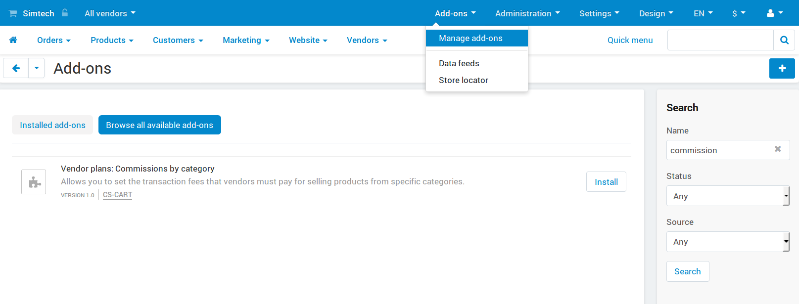 The "Vendor plans: Commissions by category" add-on on the list of add-ons.