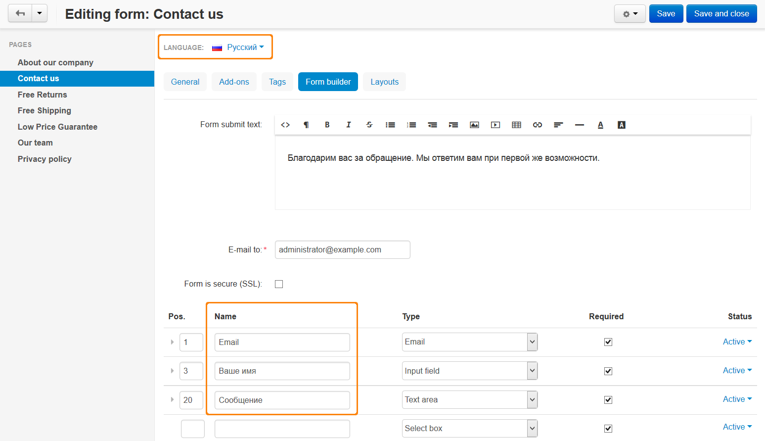 Translate the values in the Name column and save your changes to translate the form.