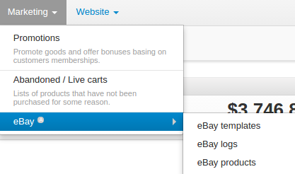 The Marketing menu has a new eBay subsection.