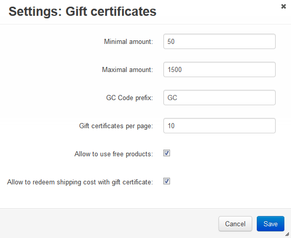 Gift Certificates add-on settings