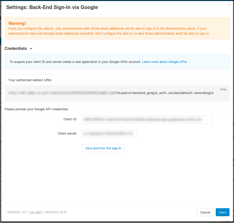 The settings of the Google Back-End Sign-In add-on.