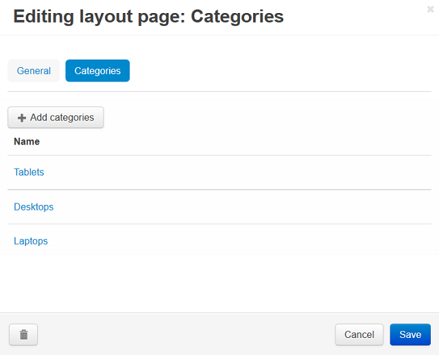 The Categories tab of the layout page properties.