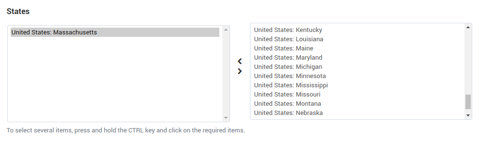 The "States" section of the rate area editing page in CS-Cart and Multi-Vendor.
