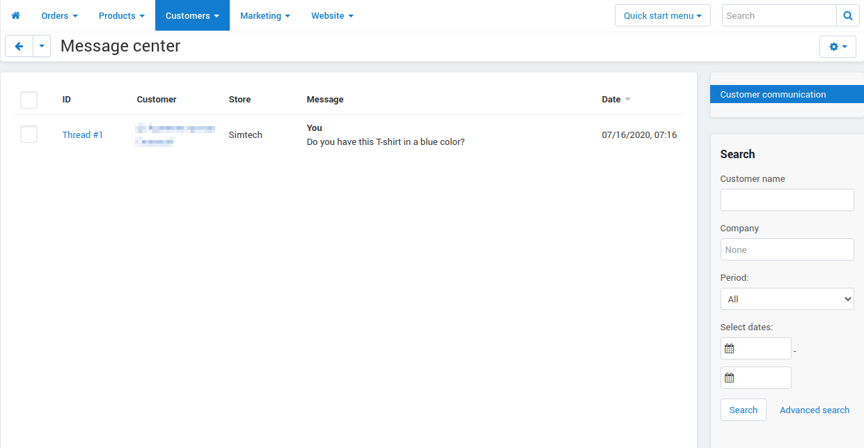 Message center in the admin panel.