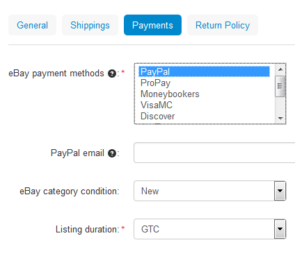 Select the payment method, condition of your products and listing duration on the Payments tab.