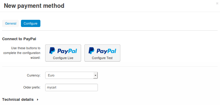 Use one of the "Connect to PayPal" buttons to set up the add-on in Test or Live mode.