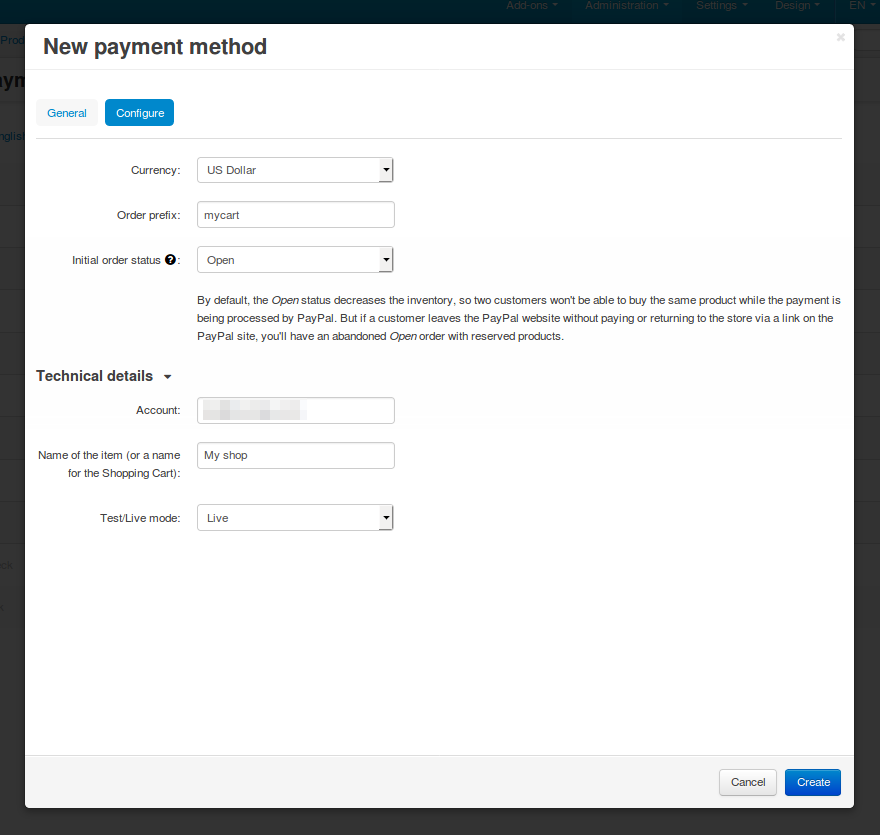 Configuring PayPal Standard settings.