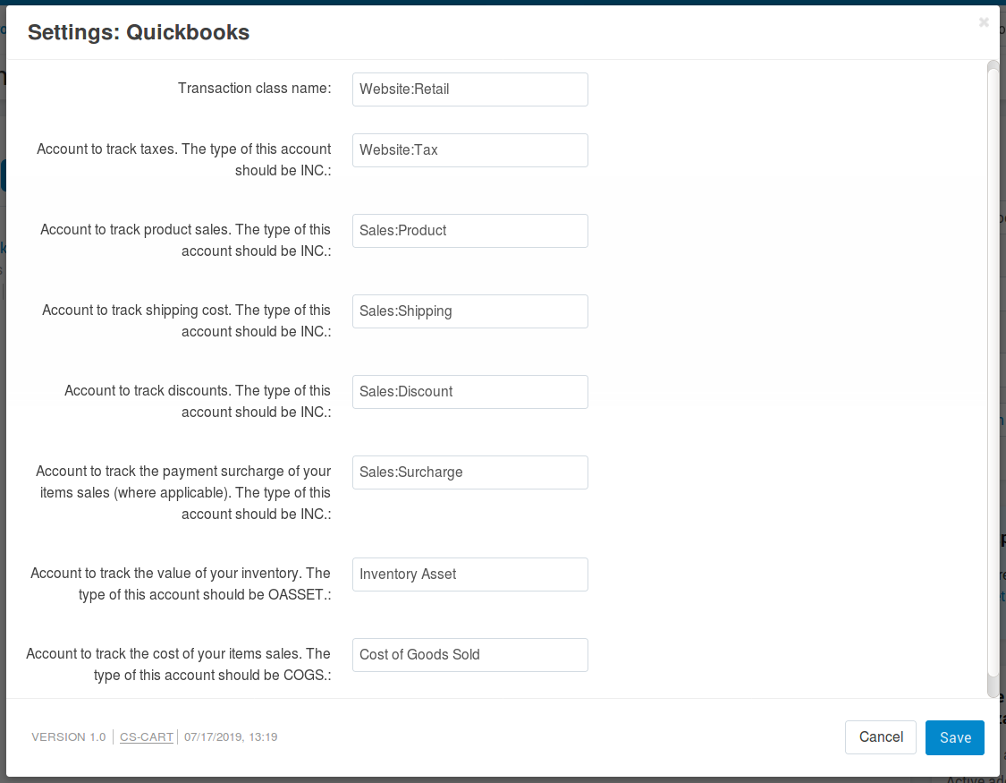 QuickBooks add-on settings in CS-Cart.