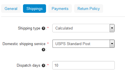 Choose the shipping type, your shipping service, and specify the delivery time on the Shippings tab.