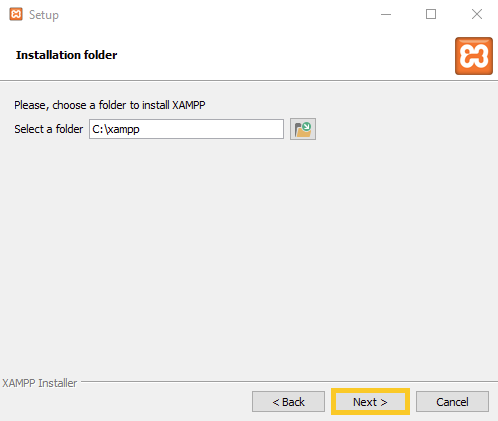Choosing the default folder to install XAMPP