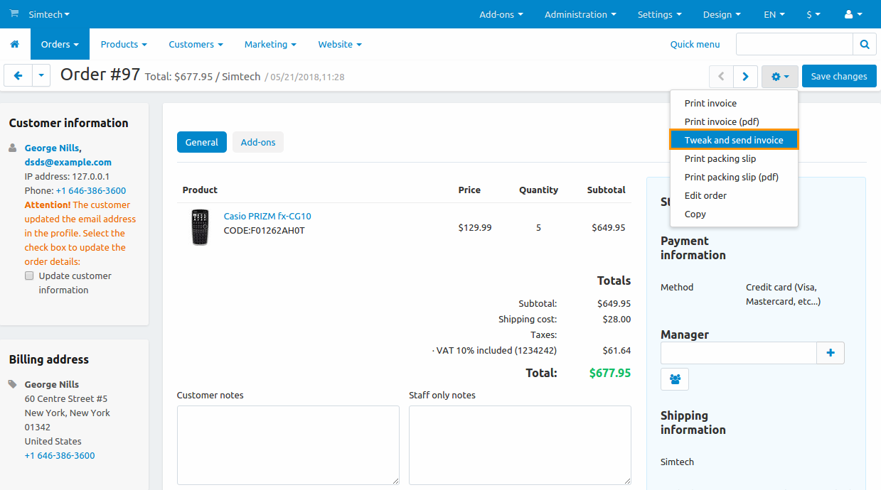 You can change invoices for individual orders and send them.