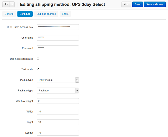 The settings of a UPS shipping method in CS-Cart and Multi-Vendor.