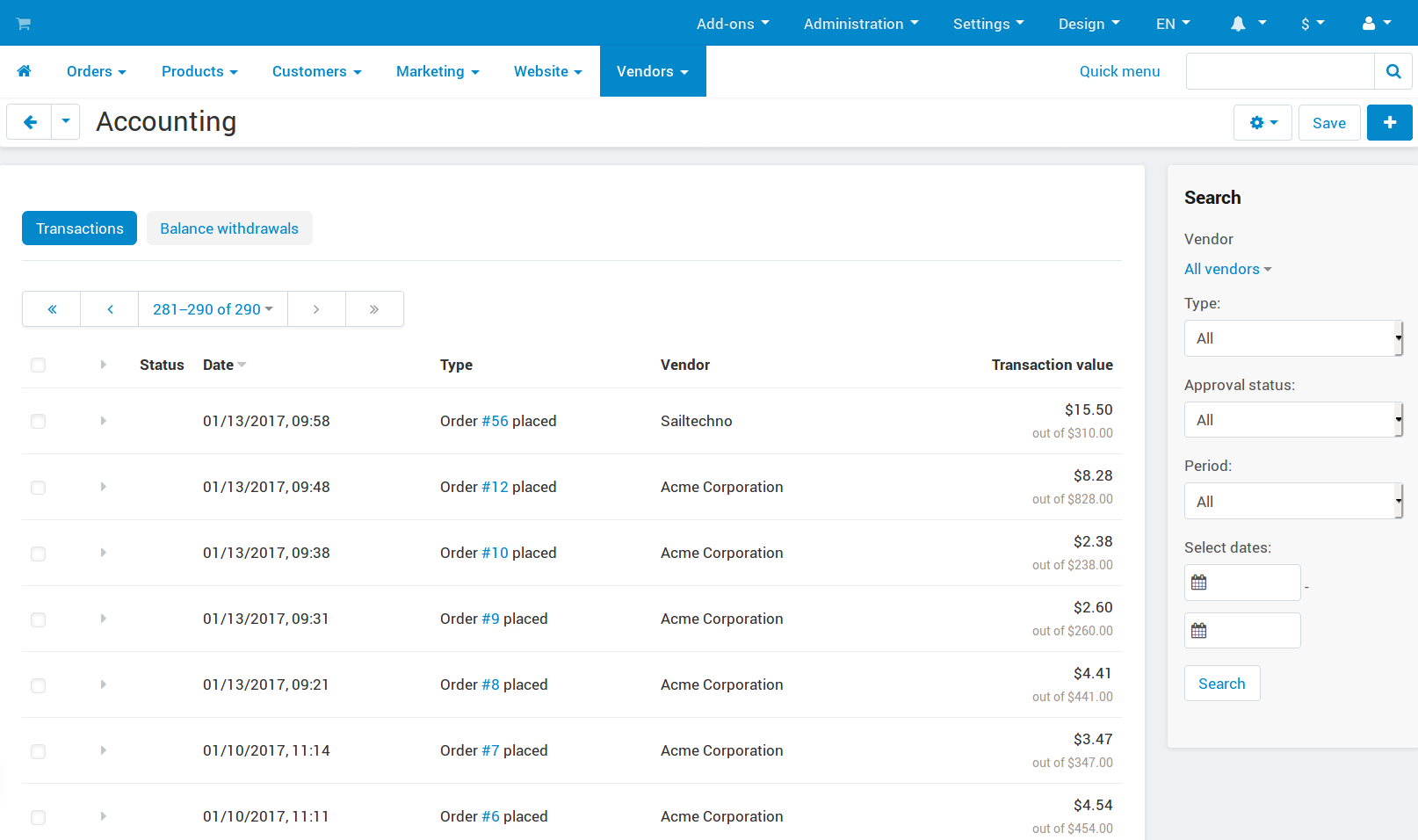 The Accounting page in Multi-Vendor.