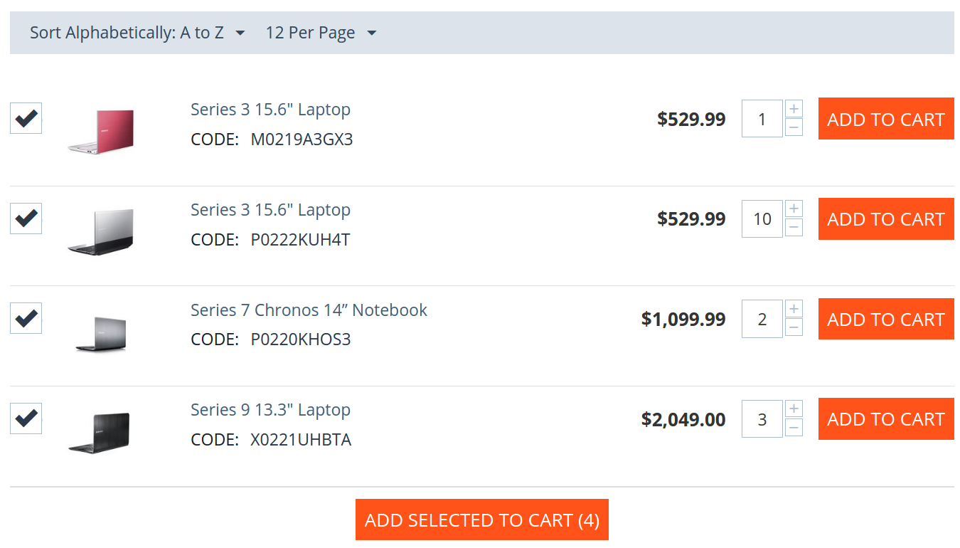 The quantity selector and "Add to cart" button only appear on the compact list of products.