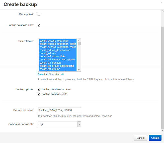 Specify the parameters of your backup and click Create to begin the backup process.
