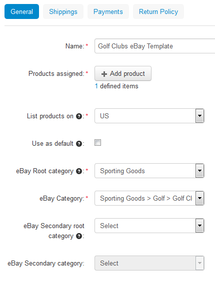 Configure the general settings of your eBay template on the General tab.