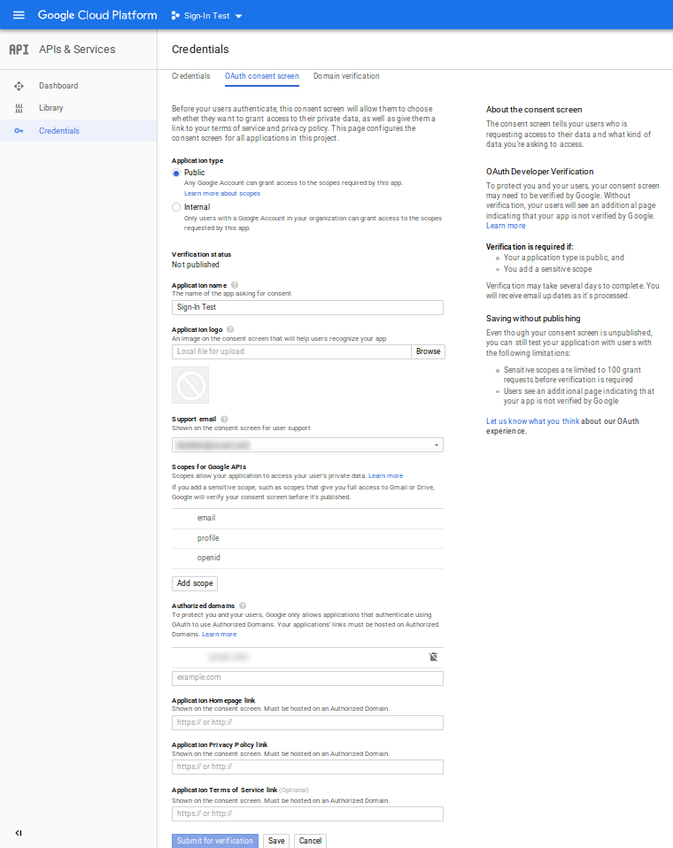 Configuring OAuth consent screen in Google Cloud.