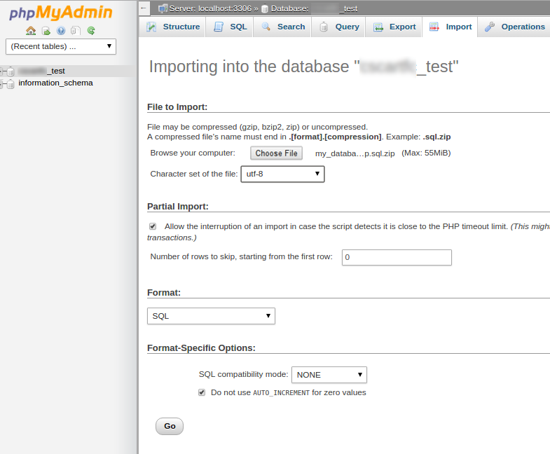 To restore the database in phpMyAdmin, select your backup file and settings, then click Go.