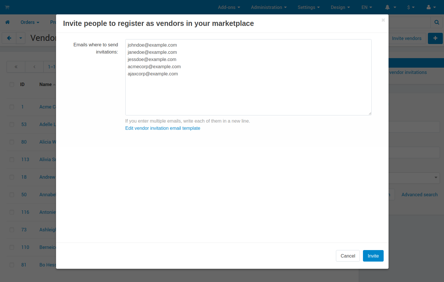 Vendor invitation window in Multi-Vendor lets you enter one or multiple email addresses for sending the invitations to.