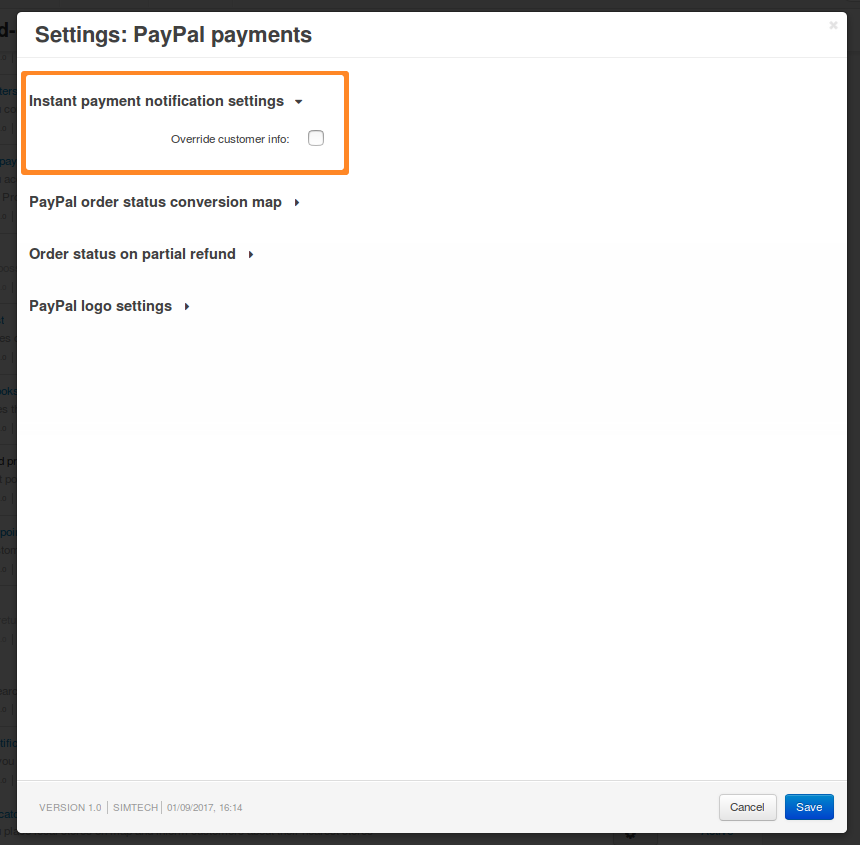 IPN settings of the PayPal Payments add-on