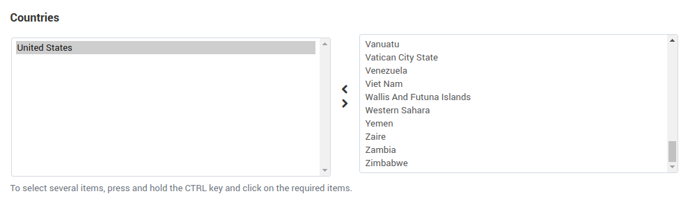 The "Countries" section of the rate area editing page in CS-Cart and Multi-Vendor.