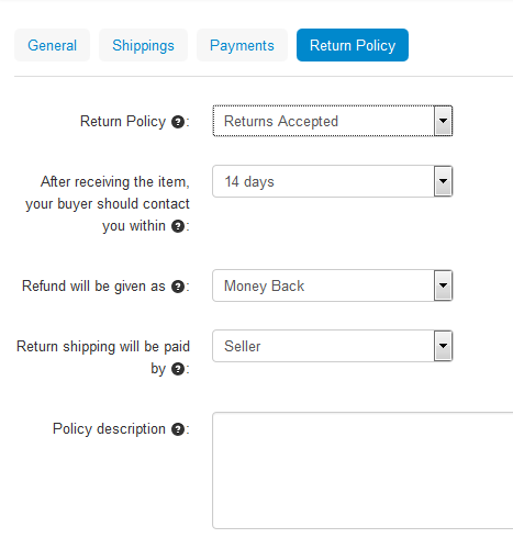 Specify how you handle returns on the Return Policy tab.