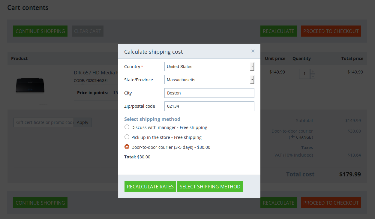 The cart page allows you to calculate shipping rates.
