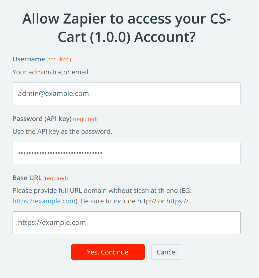 Fields to fill in for access to Zapier.