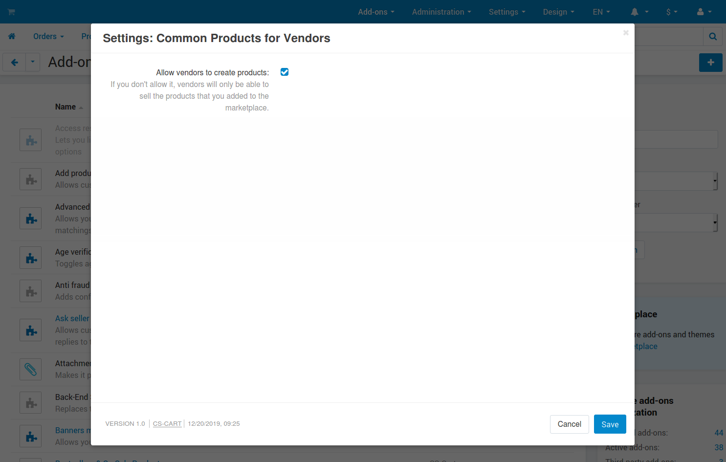 The settings of the "Common Products for Vendors" add-on.