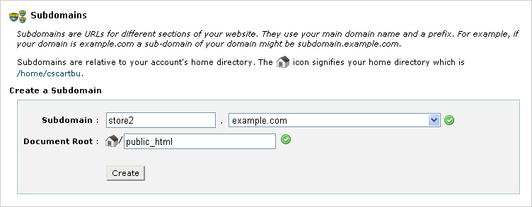 Fill in the form to create a subdomain in cPanel.