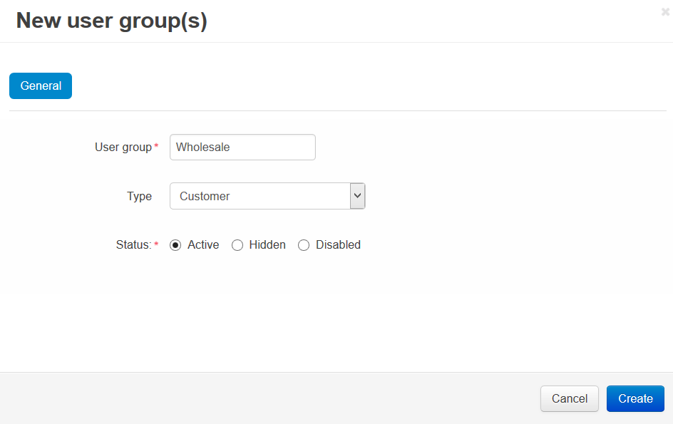 Specify the name and the type of the new customer group.