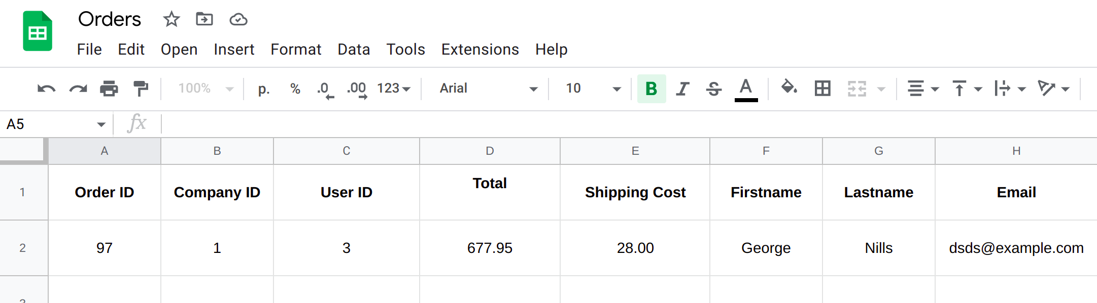 Screenshot of the table with the order details in the Google Sheets.